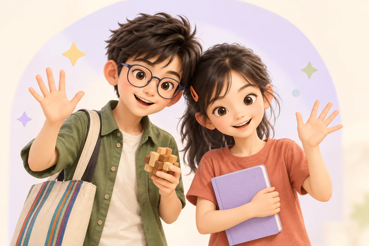男孩與女孩微笑招手，邀請你一起開始學習