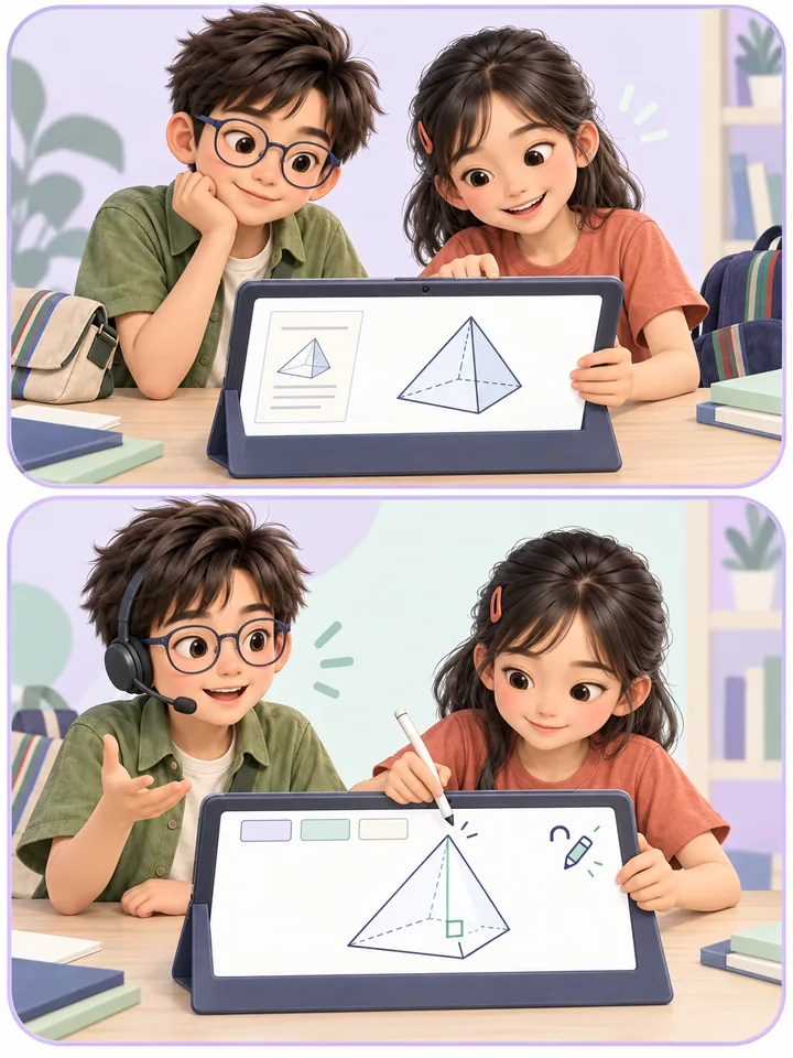 老師與孩子透過語音和白板，一起討論題目的兩格漫畫