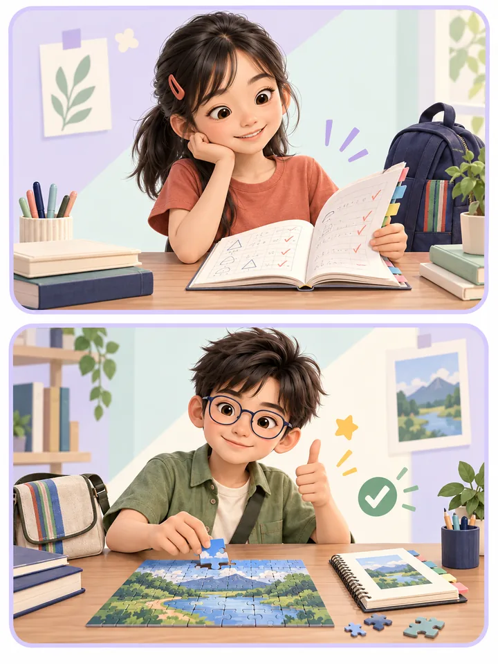 雙主角回看學習紀錄，為自己逐漸懂得解題而開心的兩格漫畫