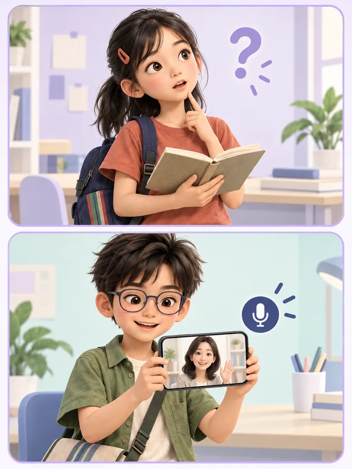 孩子帶著不懂的題目，向老師說出疑問的兩格漫畫