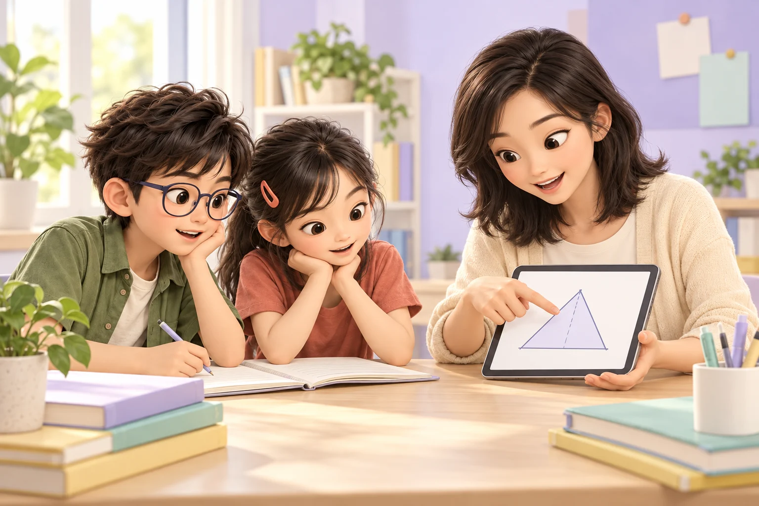 成年女老師帶著溫暖笑容，在白板旁陪男孩與女孩思考題目